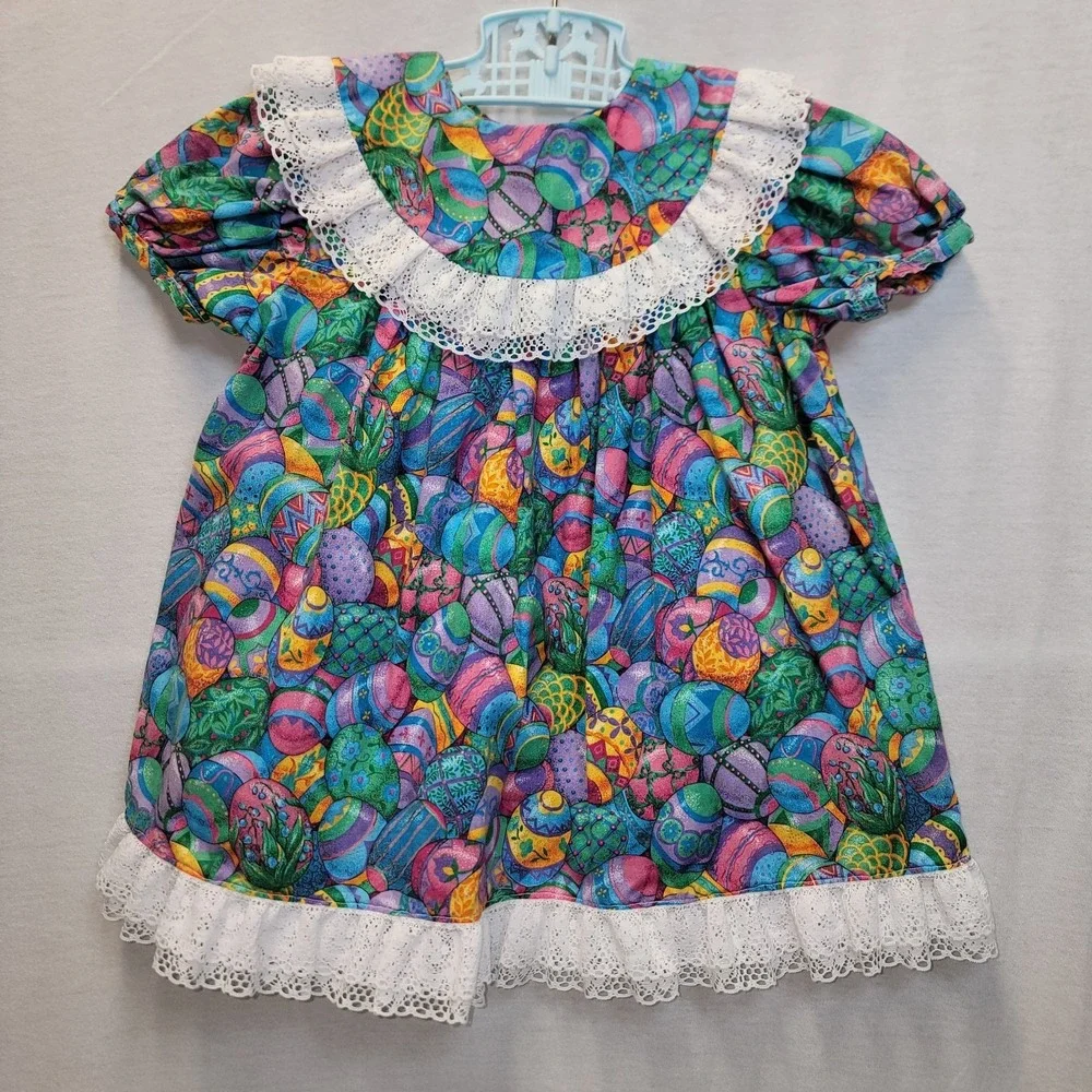 90s Easter Dress With Lace Collar Easter Eggs‎ Colorful Ruffles READ